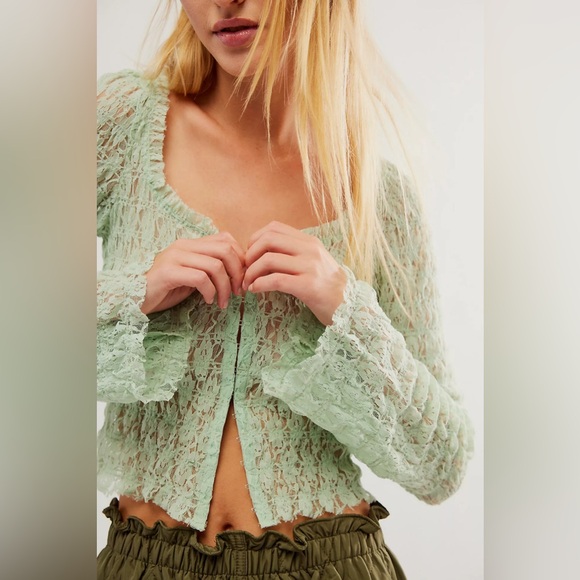Free People Tops - Free People Mint Green Madison Sheer Smocked Lace Top XL